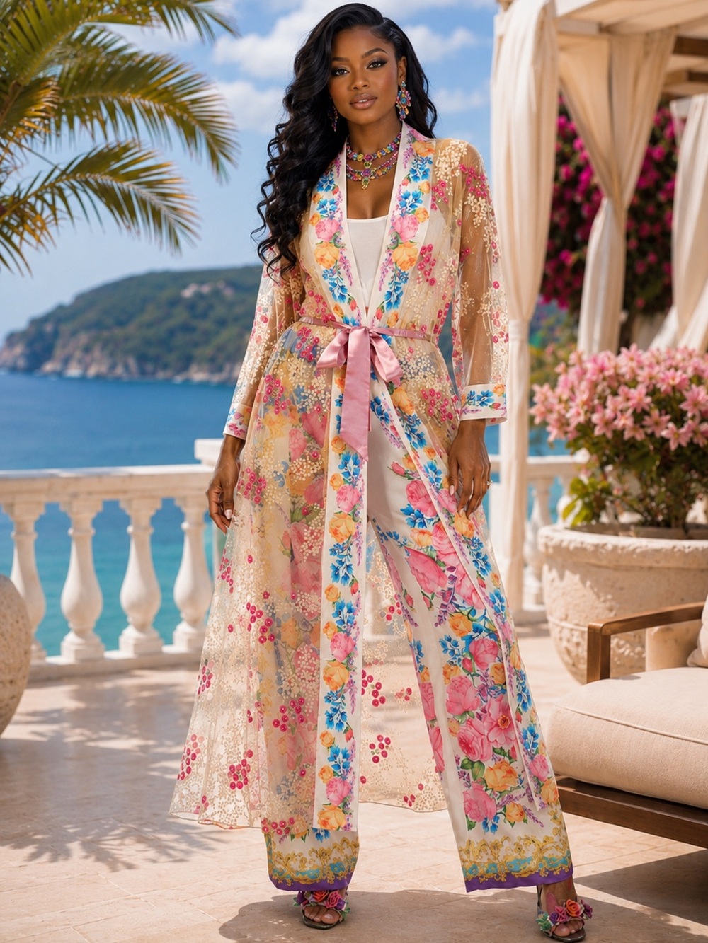 Aratta Floral Sheer Kimono Duster in Pink, Blue & Yellow